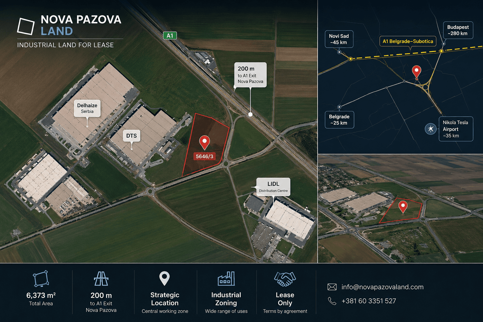 Annotated industrial map of Nova Pazova land parcel 5646/3 near A1 highway